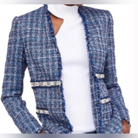Zara Basics Trendy Blue and White Tweed Blazer with Pearl Trim Size XS - Picture 14 of 17